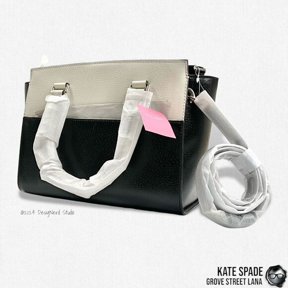 KATE SPADE GROVE STREET LANA LEATHER SATCHEL IN BLACK/CREAM WITH CROSSBODY STRAP - Picture 4 of 14